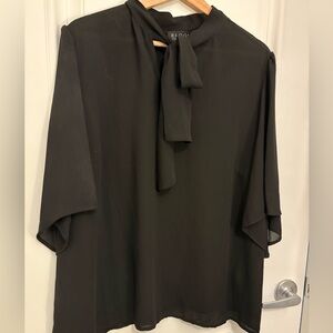 Eloquii Black Tie-Neck Blouse with Flutter Sleeves